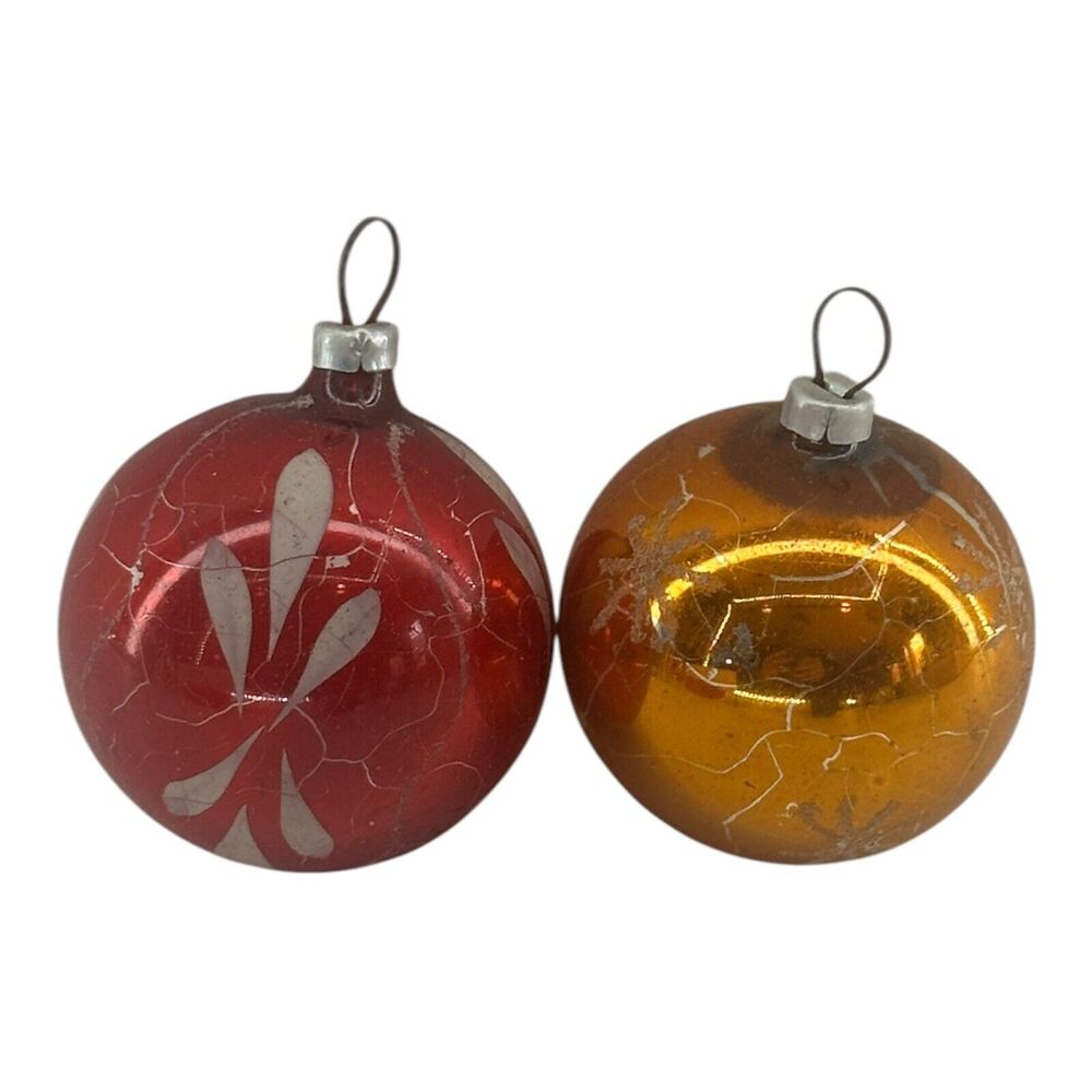 (2) Mercury Glass Hand Painted Christmas Ornament Balls Small 2" Mica Vintage